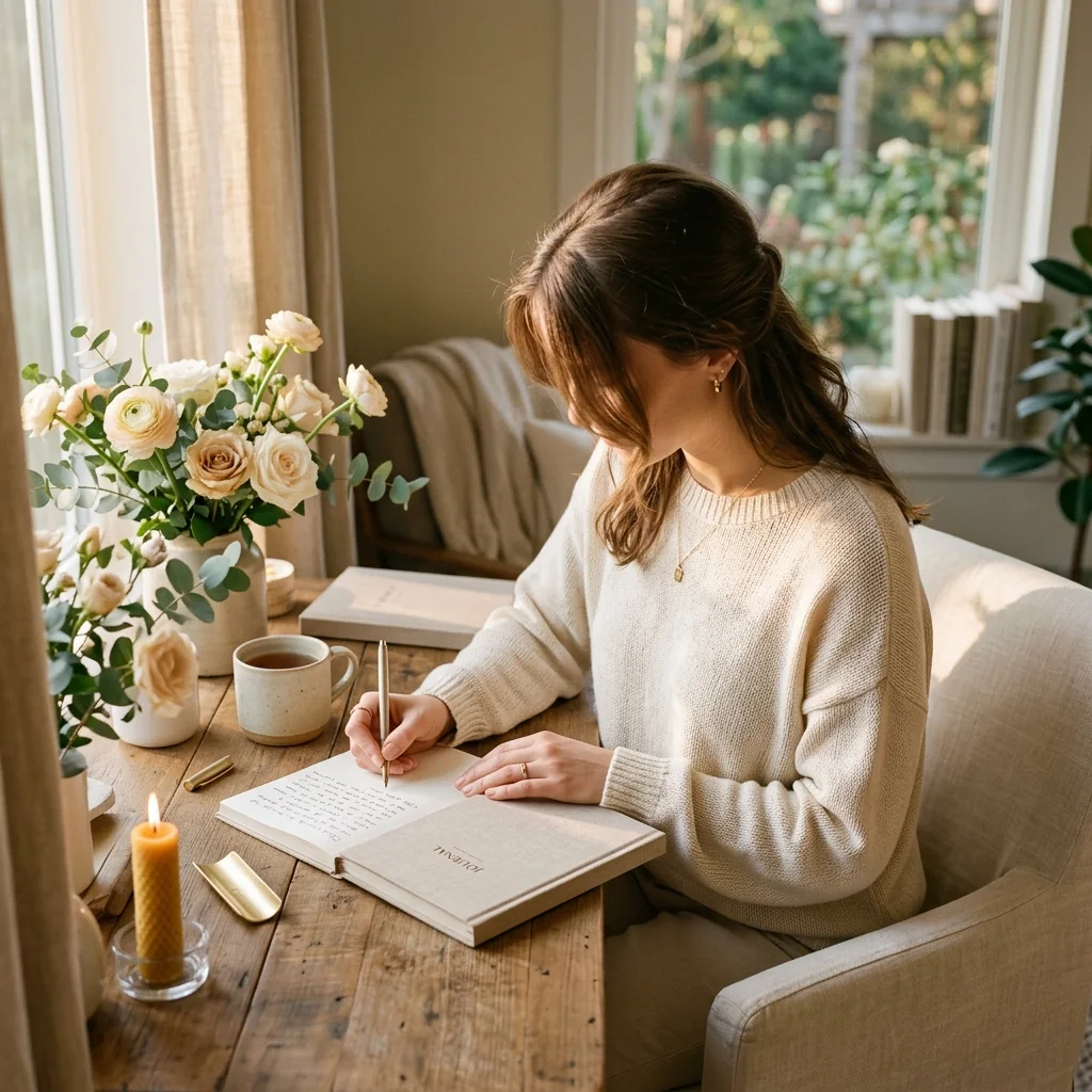 Woman journaling in a calm, grounded morning routine — soft feminine aesthetic