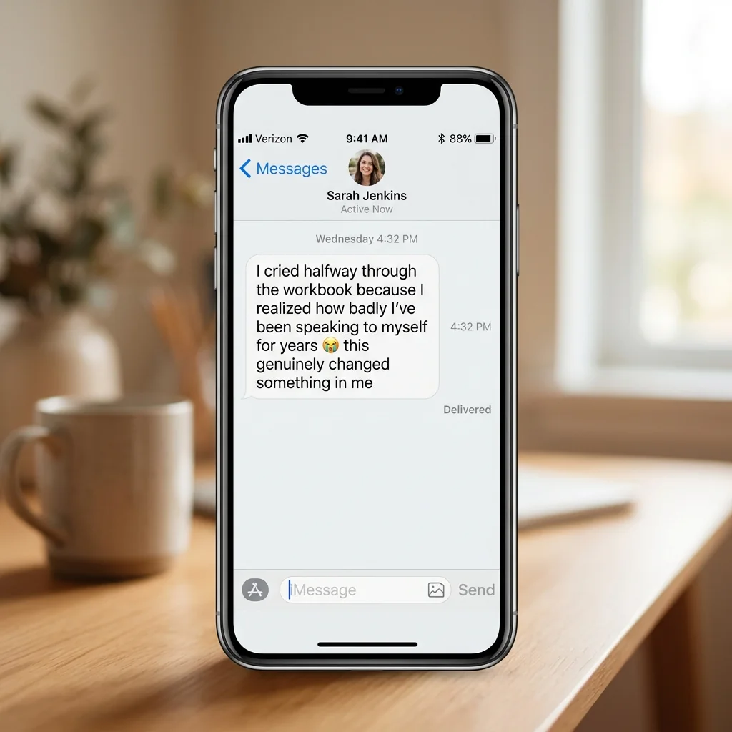 iMessage testimonial — woman shares emotional reaction to RECODE YOURSELF workbook