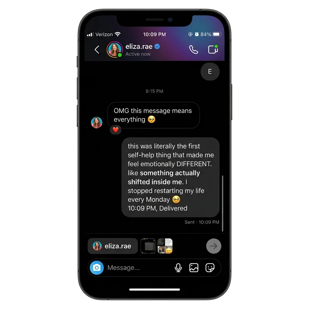 Instagram DM testimonial — stopped restarting life every Monday